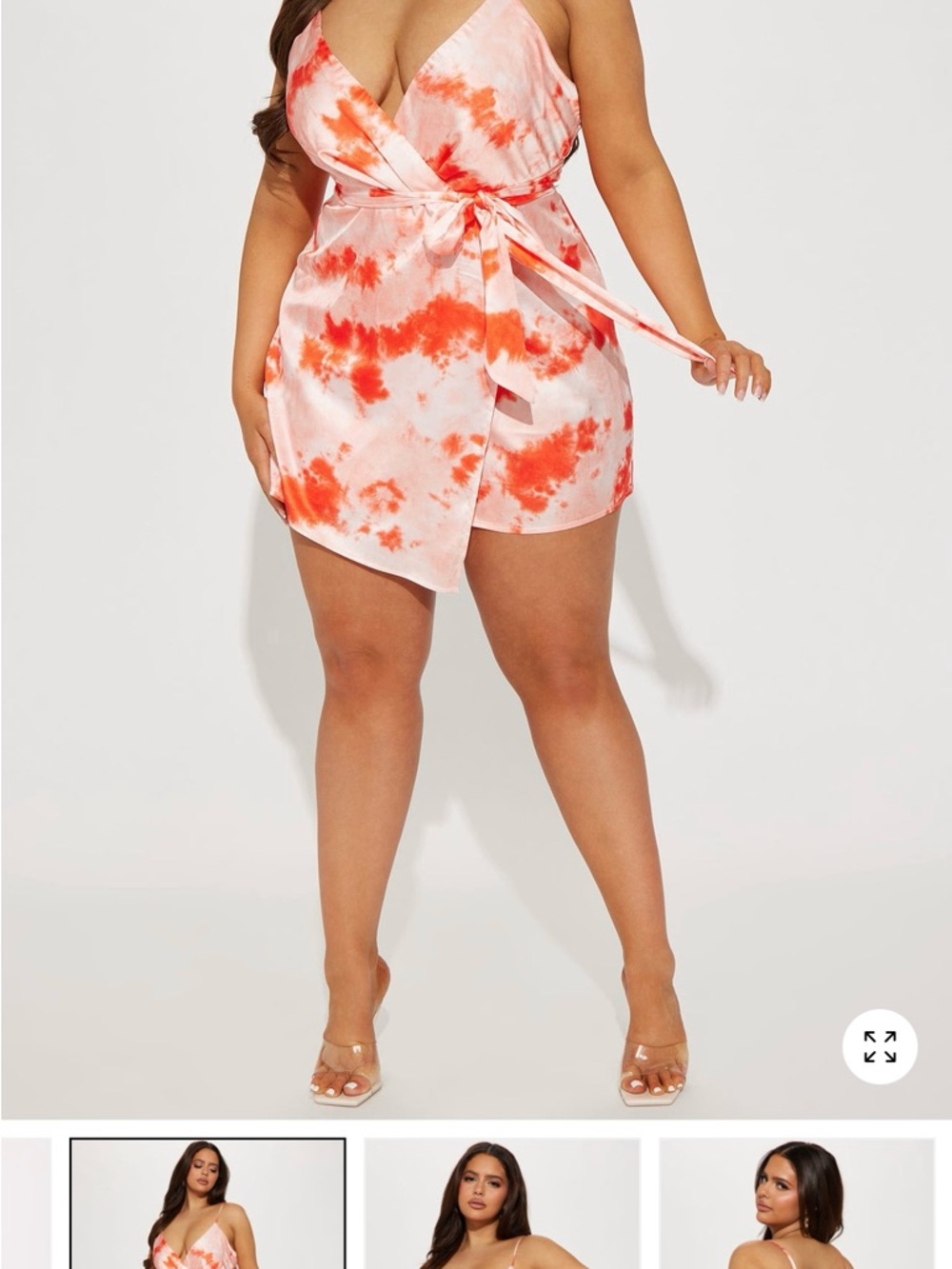 Fashion nova 3x Tie-Dye Wrap Satin Romper in Coral Pink